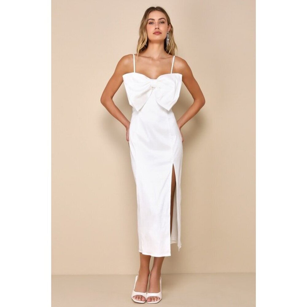 Lulus Brand New Statement Sweetie White Taffeta Sleeveless Bow Midi Dress - XS